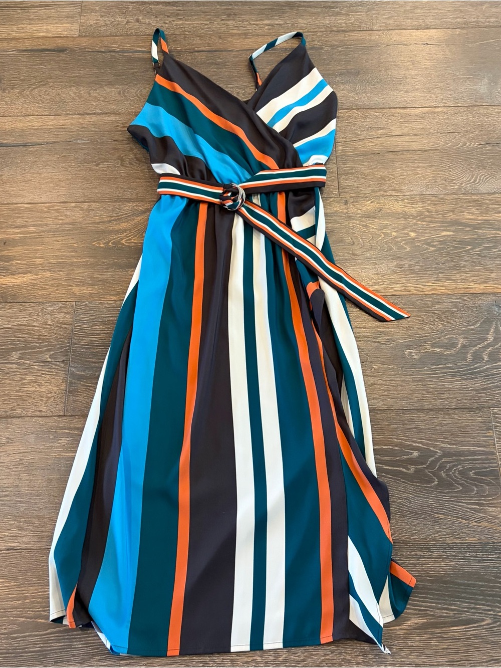 LOFT Sleeveless Striped Midi Dress in Teal, Orange, White & Navy